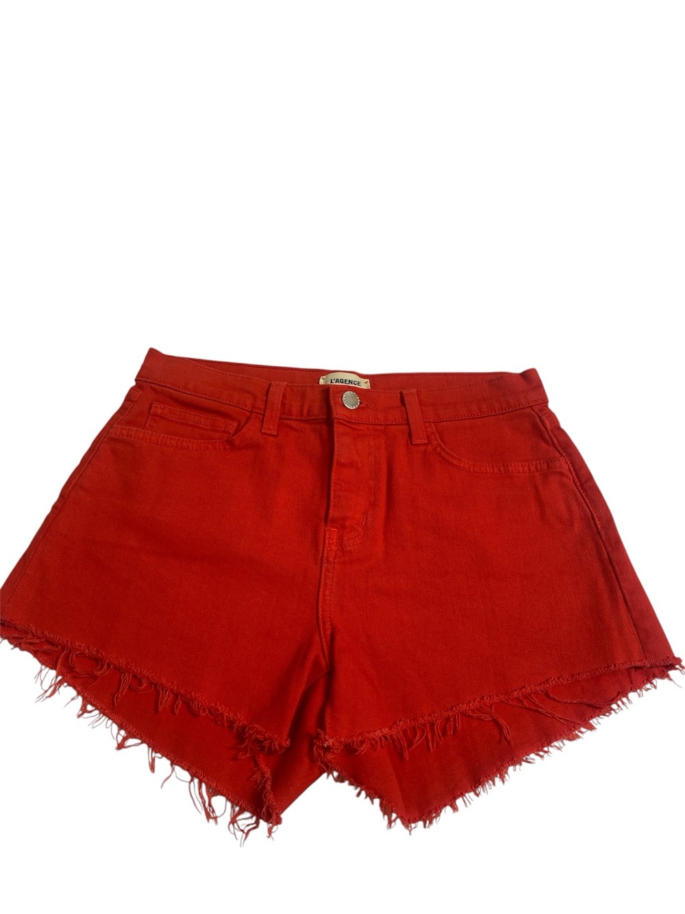 L'AGENCE Bright Red Audrey Raw Hem Denim Shorts